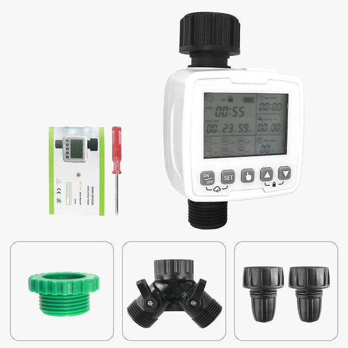 Sprinklertimer, watertimer Programmeerbare tuinslangkraantimer voor buiten met regenvertragingssysteem, EU Thread wit