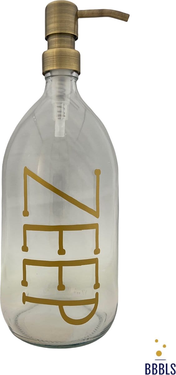 BBBLS® Design Dispenser "Zeep" | Transparant Glas | 1 liter | RVS / Metaal Pomp Goud | Zeeppomp | Zeepdispenser | Zeephouder