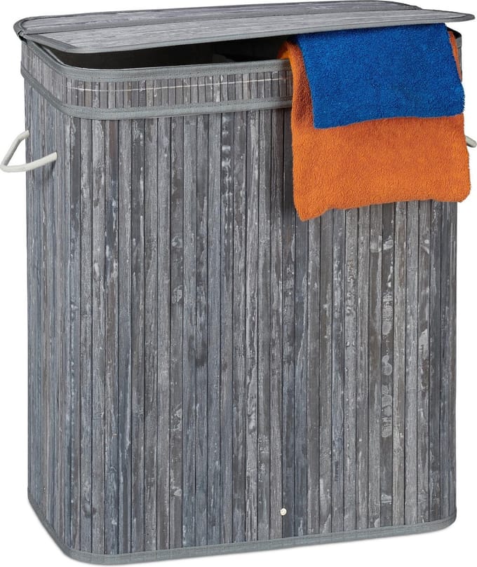 Bamboe wasmand met deksel - 2 vakken - 70 L - grijs