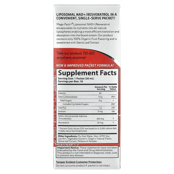 Mega-Pack+®, Liposomaal Nad +/Resveratrol, 10 Zakjes, 20 ml (0,68 fl oz) Elk