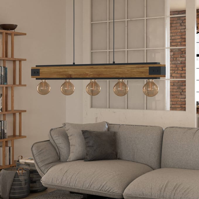 EGLO Layham hanglamp, zwart/licht hout, lengte 96 cm, 5-lamps.