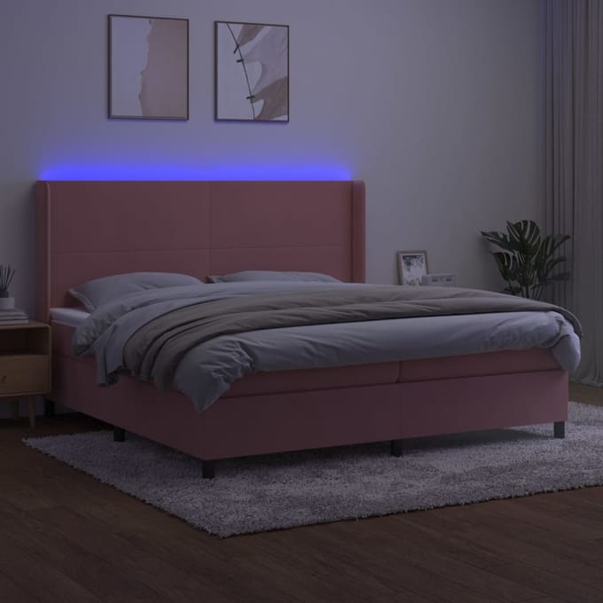 vidaXL - Boxspring - met - matras - en - LED - fluweel - roze - 200x200 - cm
