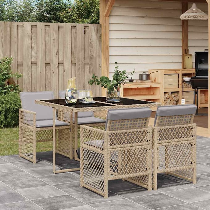 vidaXL - 5-delige - Tuinset - met - kussens - poly - rattan - beige