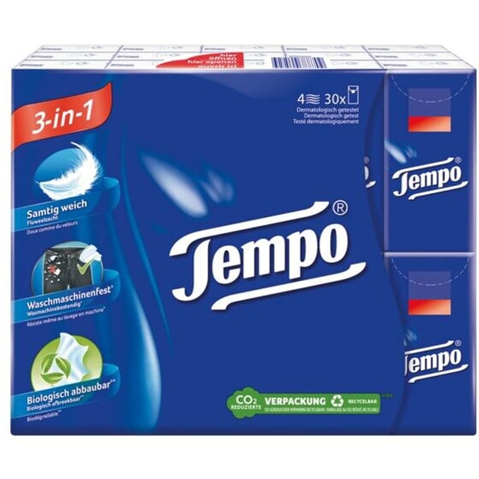 Tempo zakdoekjes 3 in 1, fluweelzacht, 1 pak van 30 x 10 tissues