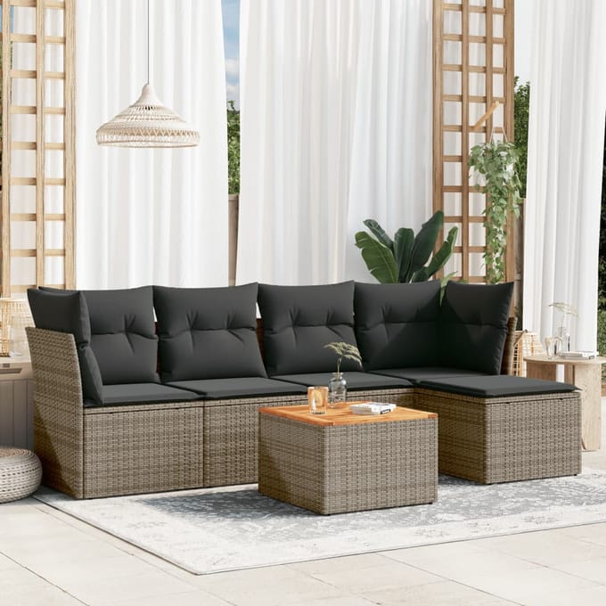 vidaXL - 6-delige - Loungeset - met - kussens - poly - rattan - grijs