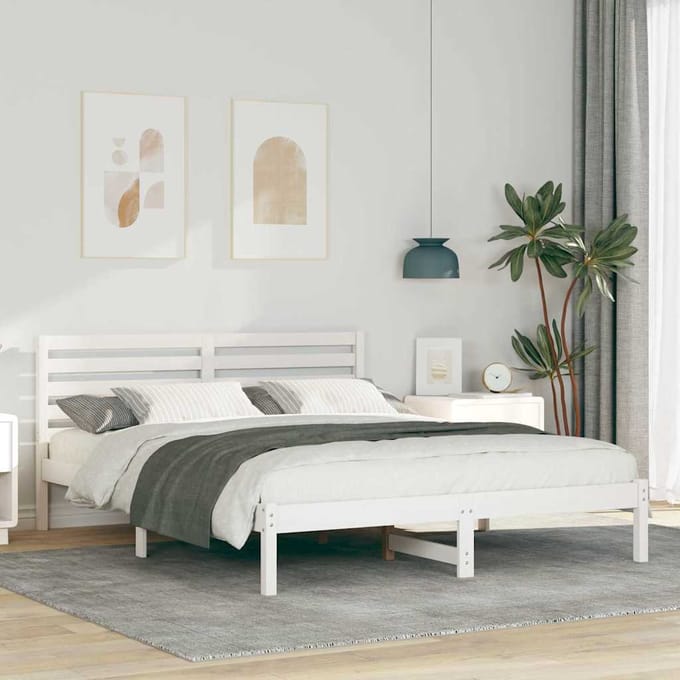 vidaXL - Bedframe - met - hoofdeinde - Wit - 150 - x - 200 - cm - Massief - grenenhout