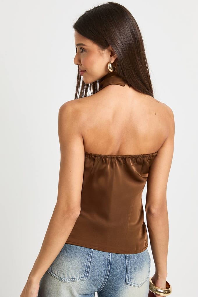 boohoo Dames Satijn top met hoge draperende halslijn | Espresso | Maat: 44