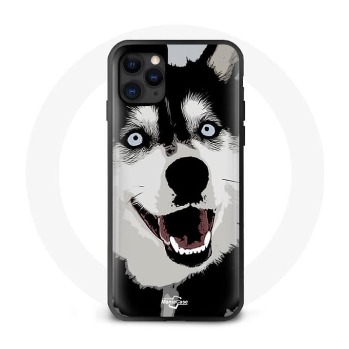 Coque iphone 13 chien husky noir et blanc yeux bleu