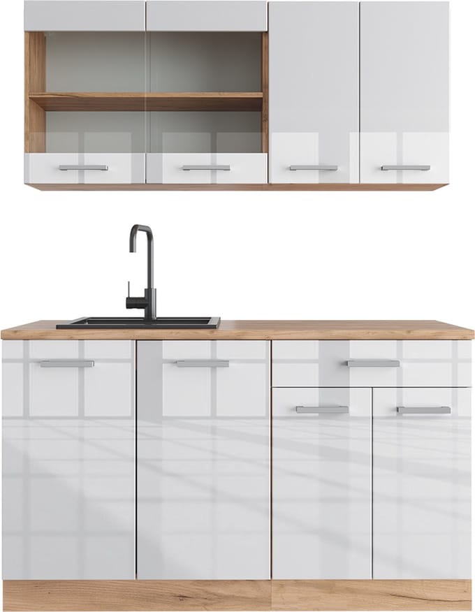 Vicco R-Line Eenpersoonskeuken – 140 cm, WB Eik Wit hoogglans/goud power eiken