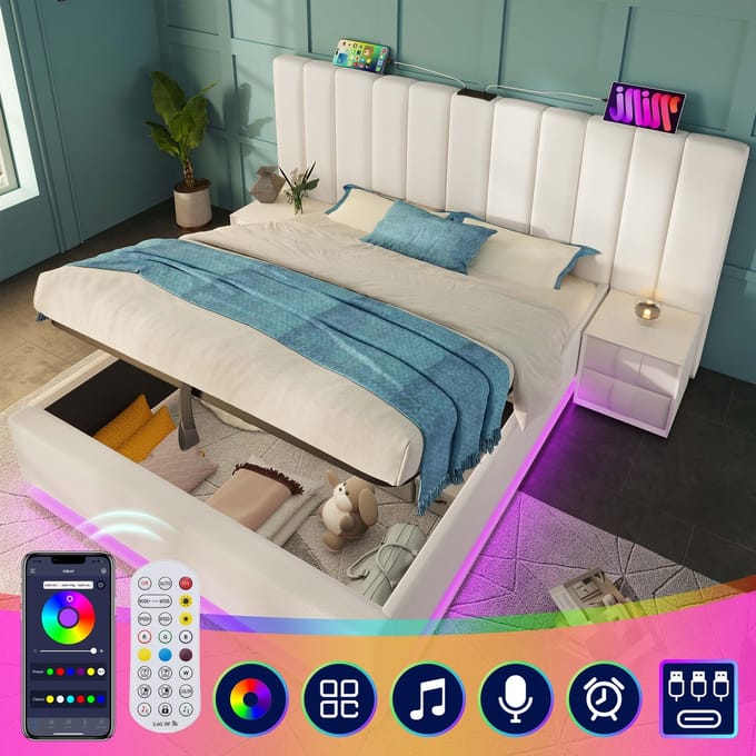 Gestoffeerd Bed - 180x200 cm - Bed met Opbergruimte - App LED & USB-C Oplader - Kunstleer - Wit