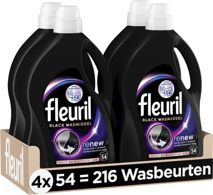 Fleuril - Wasmiddel 54 wasbeurten Black - 4 x 2,430 liter - Voordeelverpakking