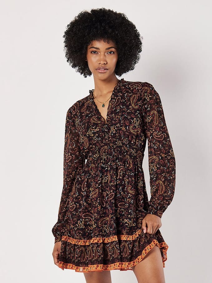 Mini-jurk met ruches en paisleyprint