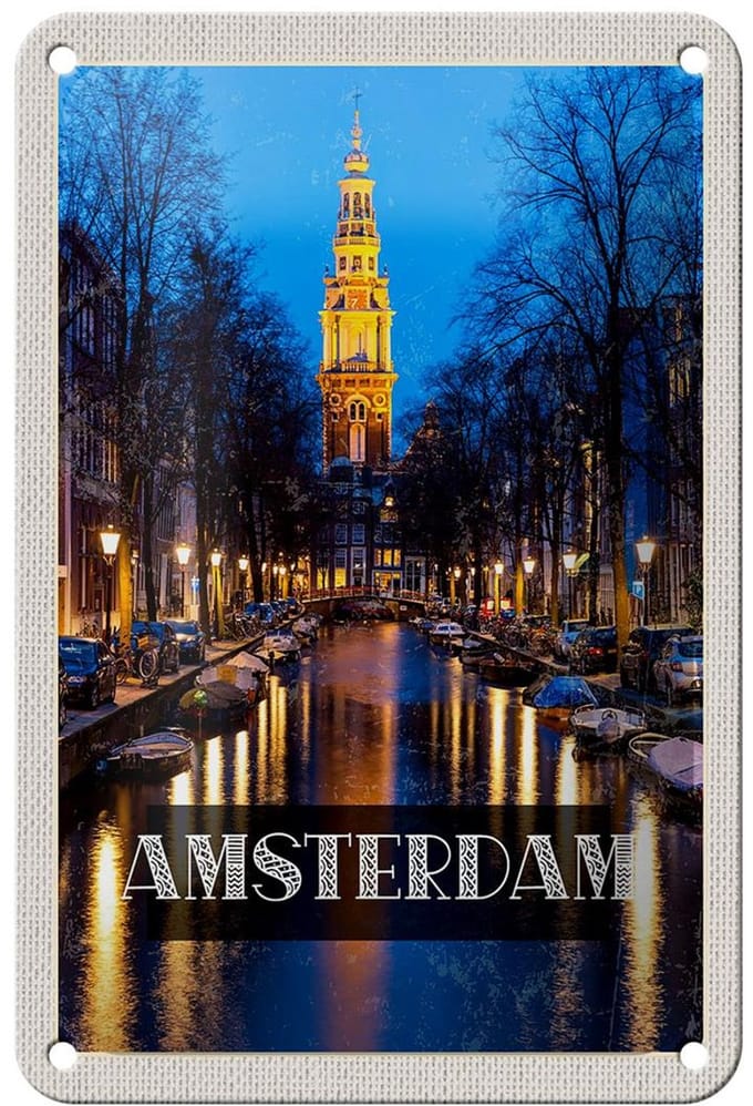 Blechschild Reise 12x18cm Retro Amsterdam Munt Tower Nacht Dekoration