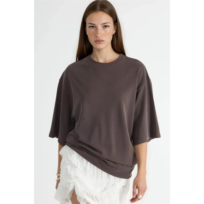 Oversized Geribde Korte Blouse met Ronde Hals