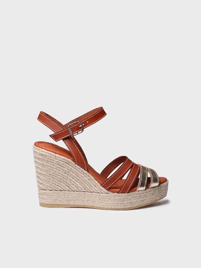 Open espadrille voor dames van platina leer met sleehak | OCTAVIA
