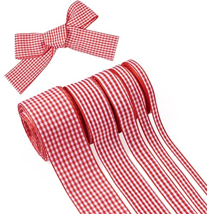 Gingham Lint Set van 5 Rollen - Rood en Wit Karrool Polyester Lint voor Cadeauverpakking, Bruiloft en DIY Projecten