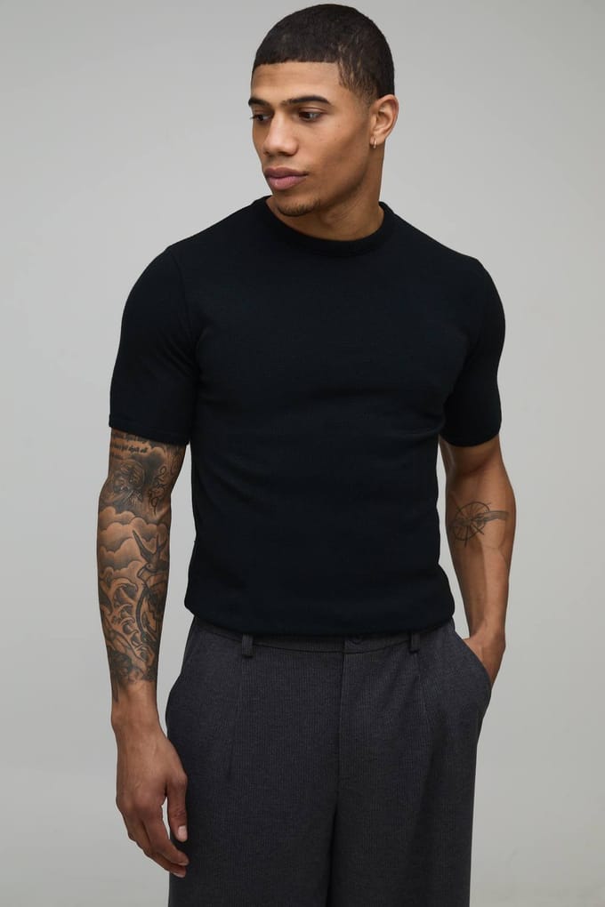 Essential Muscle Fit Soft Touch Knitted T-Shirt | Black | Size Large