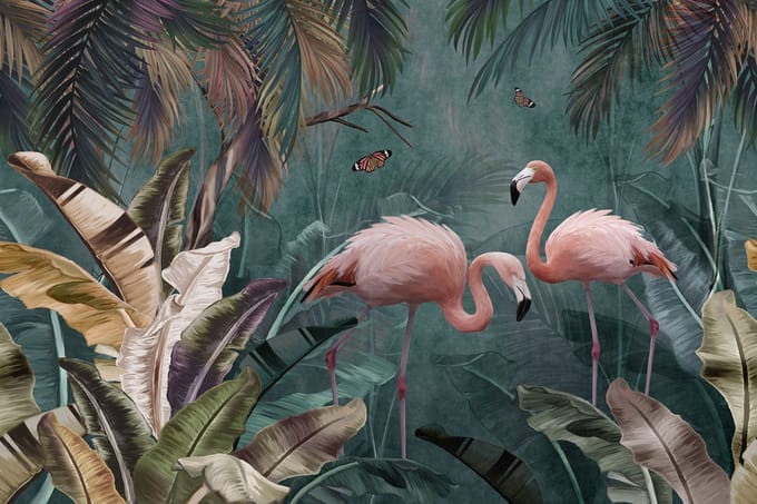 Glasschilderij Flamingo's in het woud
