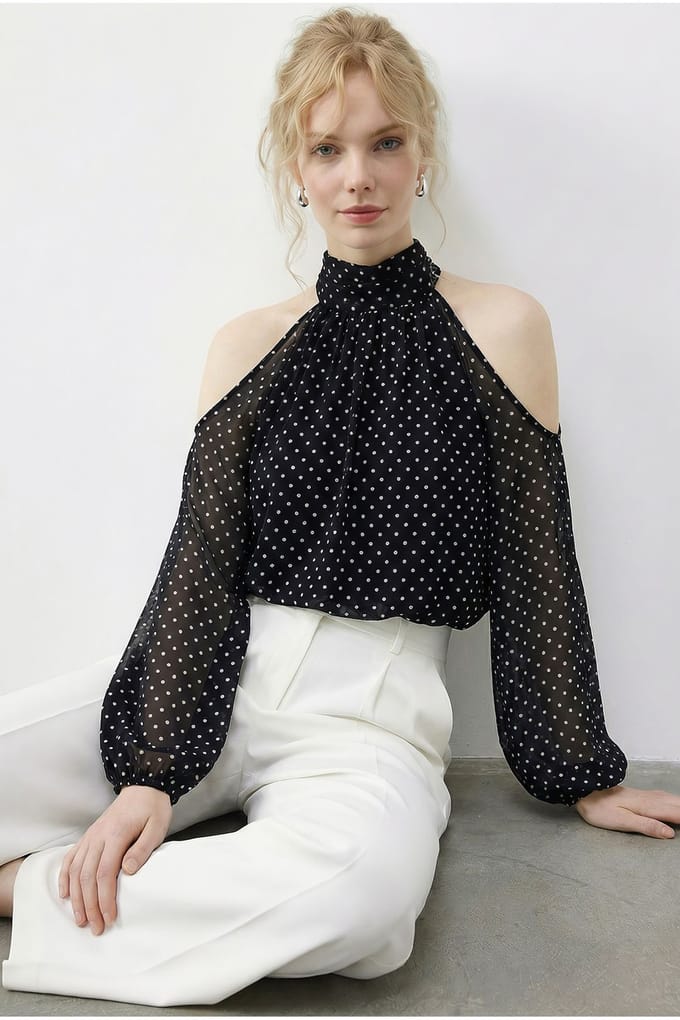 Polkadot Chiffon Colblouse met Uitsnijding