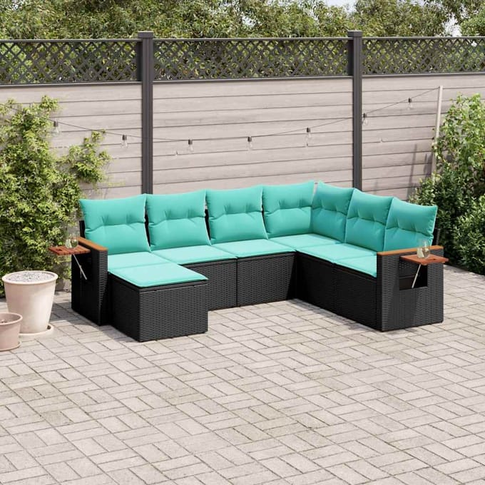 vidaXL - 7-delige - Loungeset - met - kussens - poly - rattan - zwart