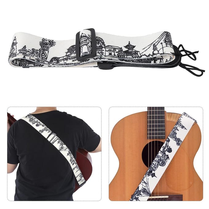 Leren Schouderband Zwart Wit Geprint Verstelbare Lengte Duurzaam voor Bas Folk Gitaar white