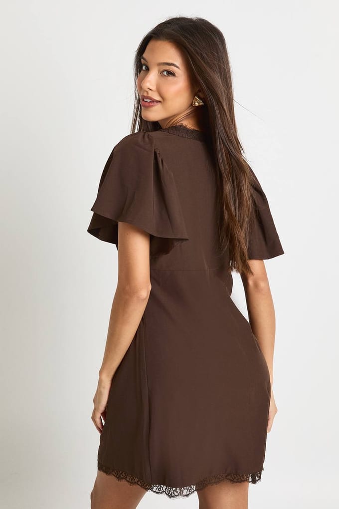 boohoo Dames Mini Jurk met kanten afwerking | Chocoladebruin | Maat: 34