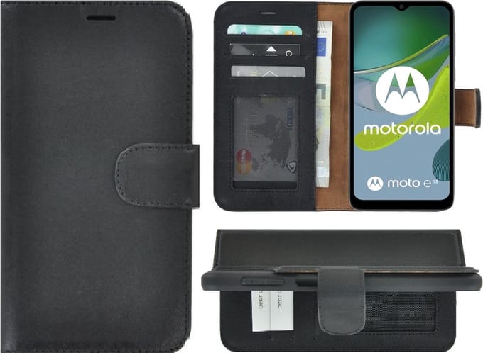 MoDo hoesje Geschikt voor Motorola Moto E13 - Echt Leer Book Case - Zwart