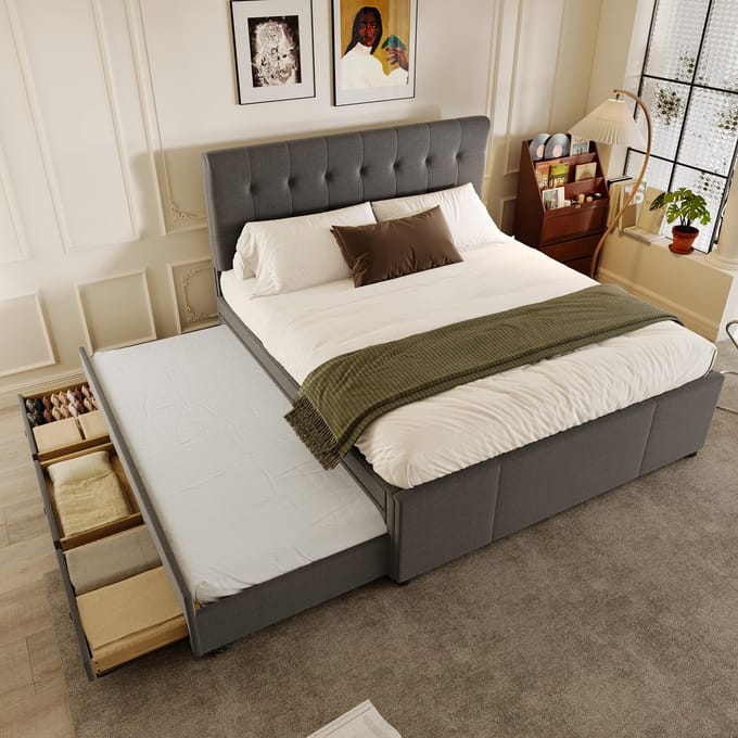 MODFU Bedframe 140x200 cm – beige/grijs linnen – met uitschuifbaar bed, 3 lades en verstelbaar hoofdbord