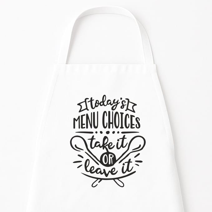 Go Mama - Keukenschort “Today’s Menu Choices: Take it or leave it” – Grappig kookschort – One Size – Verstelbaar – Wit – Humor cadeau