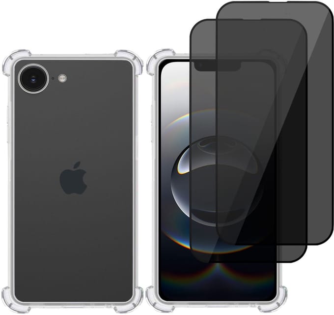TechNow Hoesje + 2x Privé Screenprotector geschikt voor iPhone 16e – Privacy Tempered Glass - Case Transparant