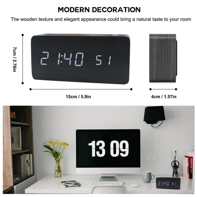 Houten Digitale Wekker 8 Niveaus Instelbare Helderheid Digitale Klok met LED Tijd Datum Bamboo beige