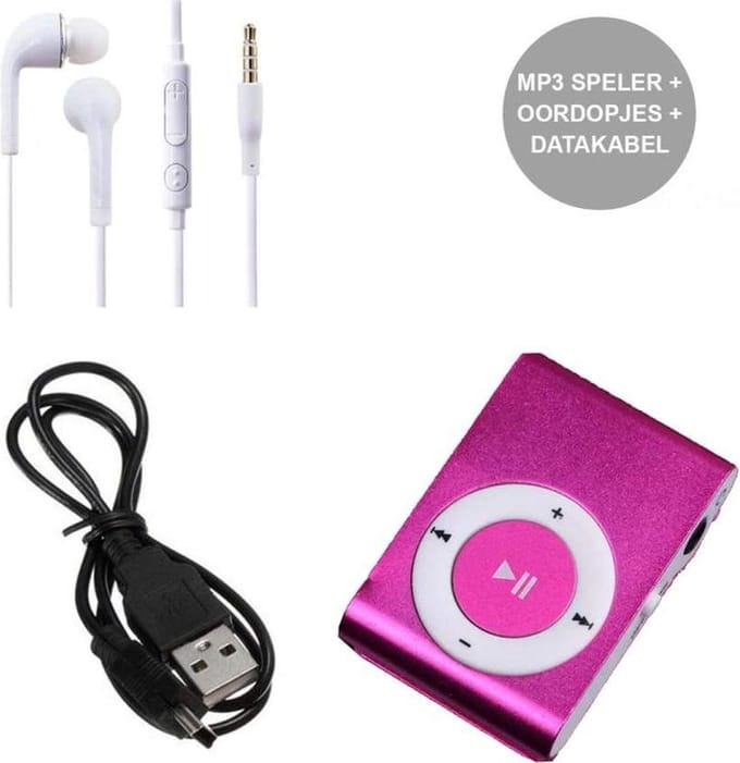 Mini MP3 Speler met Oordopjes en USB Kabel Roze