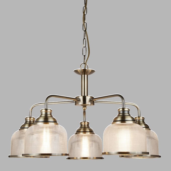 Searchlight Hanglamp Bistro II 5-lamps messing/ribbelglas