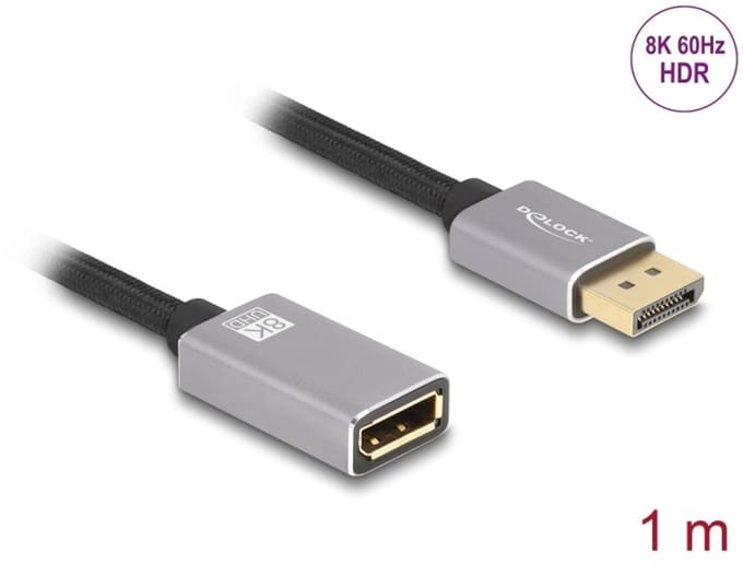 Delock DisplayPort extension cable 8K 60 Hz 1 m grey metal without latch