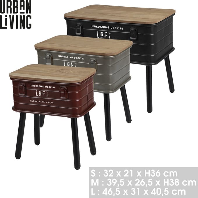 "LOFT & METAL" SET VAN 3 METALEN KISTTAFELS MET HOUTEN POTEN EN HOUTEN BLAD
