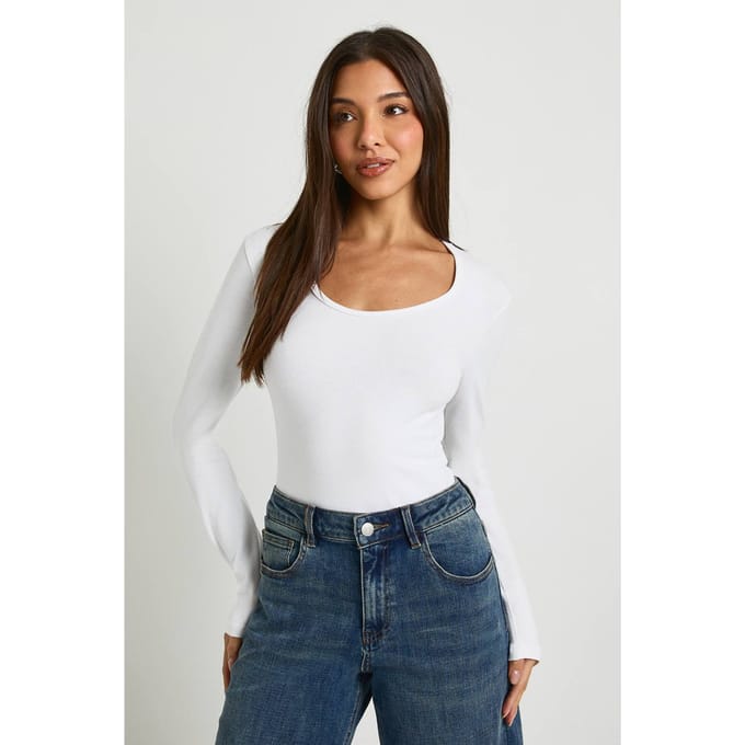 boohoo Dames Basic lange mouwen scoop-hals bodysuit | Wit | Maat: 40