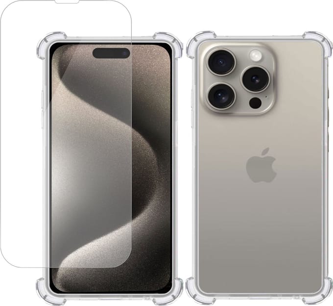 Hoesje geschikt voor iPhone 15 Pro Max + Screenprotector – Tempered Glass - Extreme Shock Case Transparant