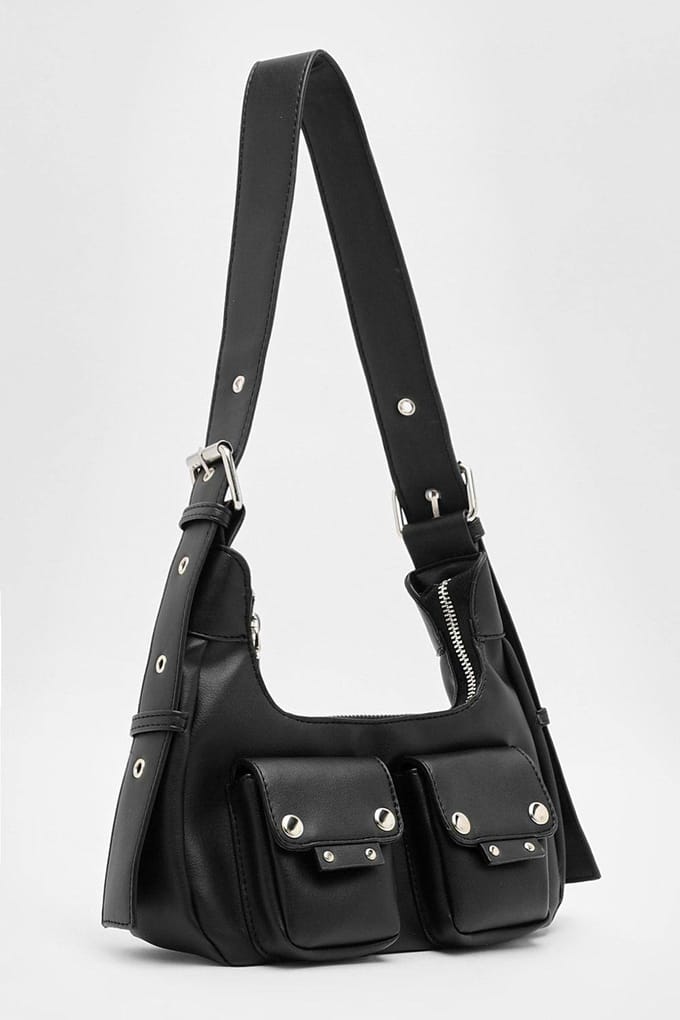 boohoo Dames Dubbele Pocket Stud Detail Schoudertas | Zwart