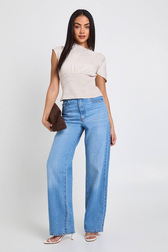 boohoo Dames Asymmetrische Gerimpelde Top | Stone | Maat: 6