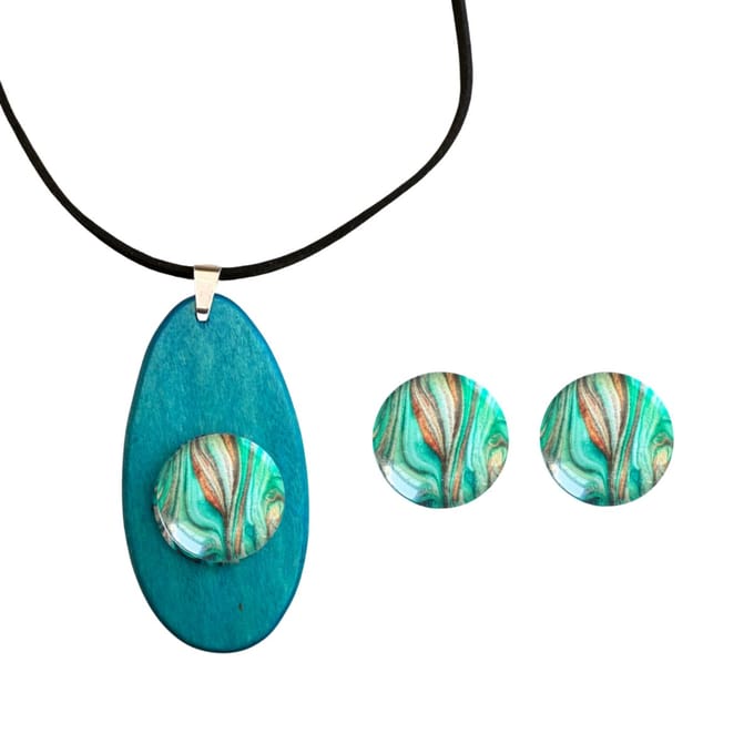 Set -Amara -ketting -clip oorbellen -turquoise - hout-Charme Bijoux