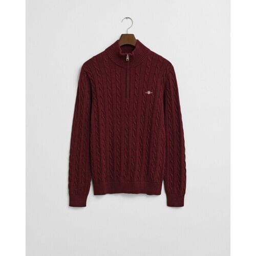 Gant Trui Allover Cable Knit Cotton Half Zip Bordeaux Melange / male