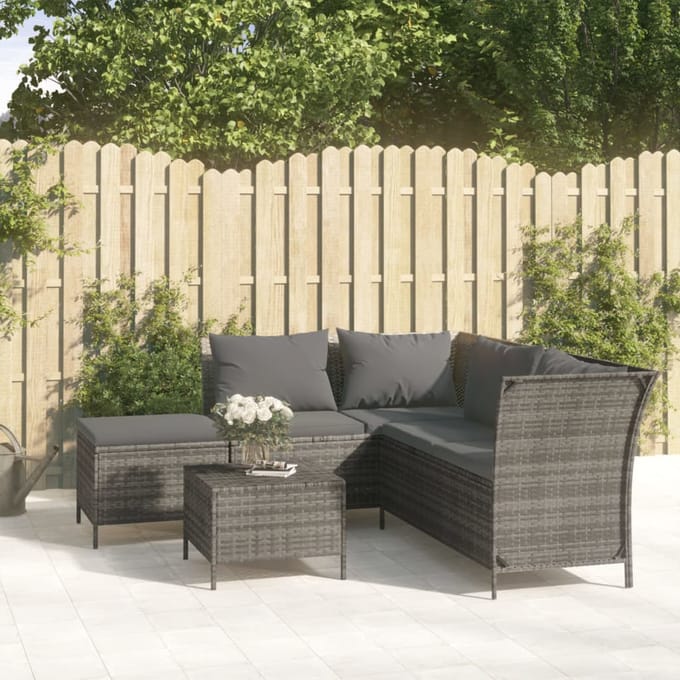 vidaXL - 4-delige - Loungeset - met - kussens - poly - rattan - grijs