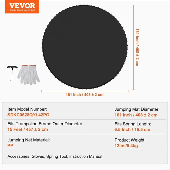 Tapis de trampoline de remplacement pour cadre de 15 pieds 96 anneaux en V Longueur de ressort 6,5 pouces