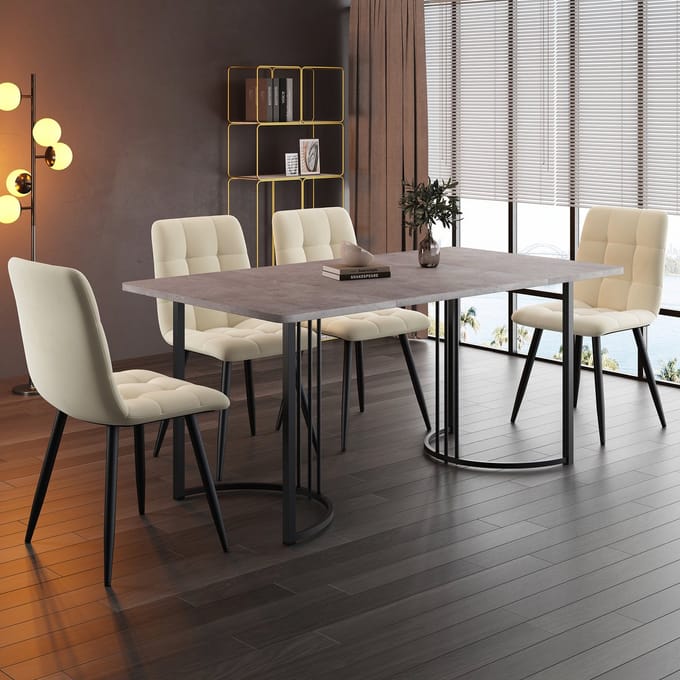 MODFU - 5-Delige Eethoek - Eettafel Met 4 Stoelen - Marmerlook - Modern - MDF Fluweel En Metaal - Grijs