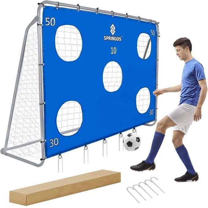 Springos Voetbaldoel | Staal | Met Trainingsmat | Trainen | 240 x 170 | Grijs/Blauw