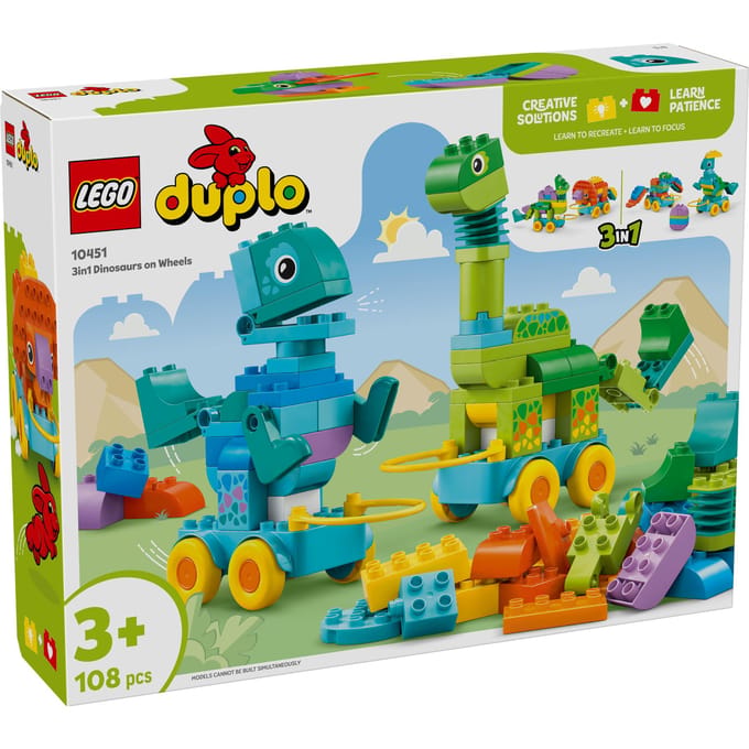 LEGO DUPLO 3-in-1 Dinosaurussen op Wielen Leerzaam Speelgoed voor Peuters met 6 Figuren 10451