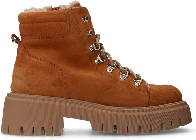Manfield - Dames - Beige suède veterlaarsjes - Maat 40