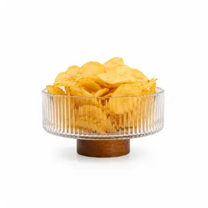 Dia – serveerschaal – geribbeld glas – natuurlijk acaciahout – Ø14,8 cm – 0,8 l voor snacks