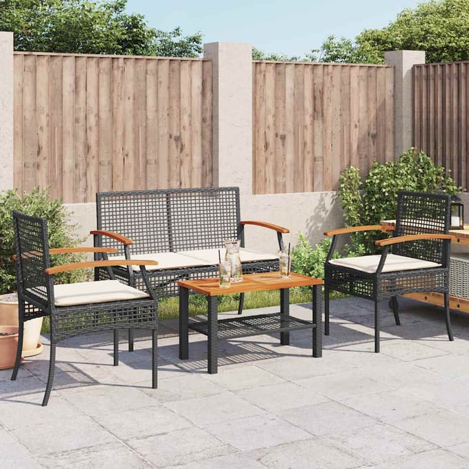 vidaXL - 4-delige - Loungeset - met - kussens - poly - rattan - zwart