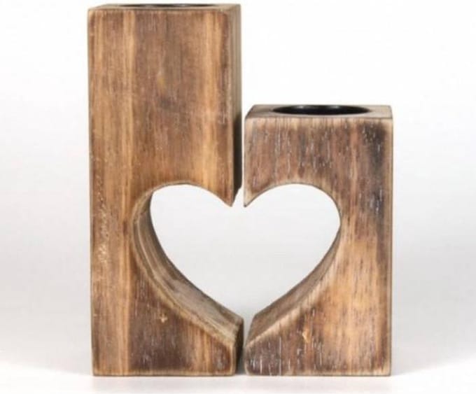 Houten Waxinehouders Hart - 2 Stuks - Kleur Naturel